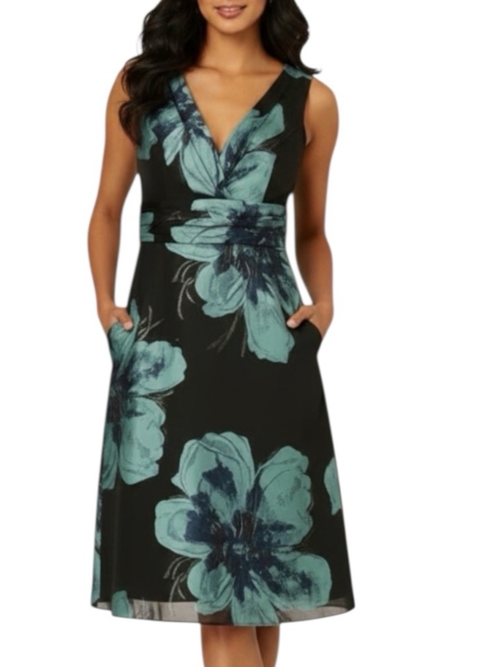 NWT ADRIANNA PAPELL Black Floral Jacquard Sleeveless A-Line Midi Dress Size 8